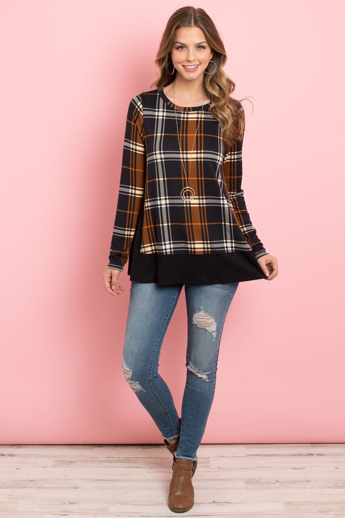 Women's Solid Hem and Side Contrast Plaid Top - Women - Apparel - Tops - Blouses & Shirts - Benn~Burry