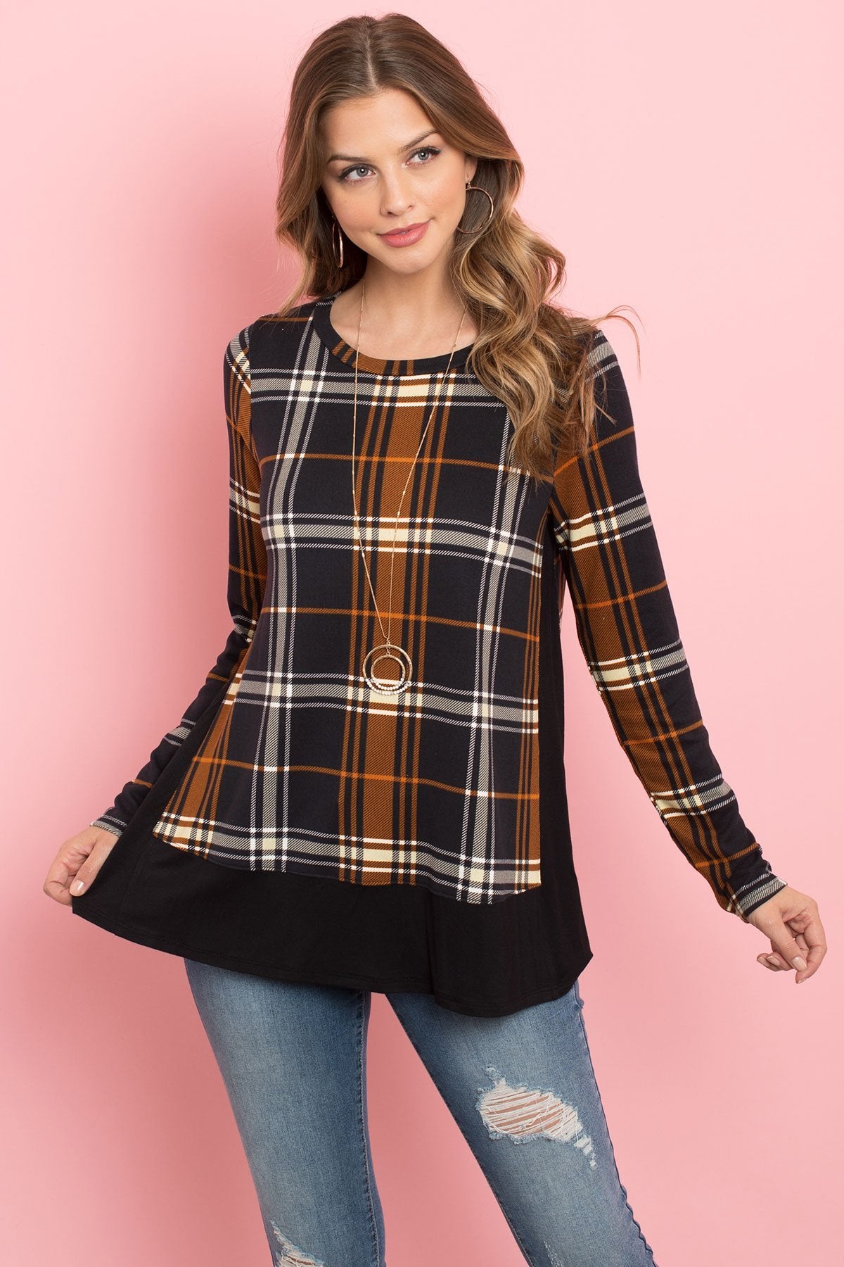 Women's Solid Hem and Side Contrast Plaid Top - Women - Apparel - Tops - Blouses & Shirts - Benn~Burry