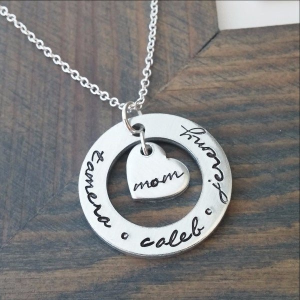 Personalized Necklace for Mom Cutout Disc With Heart Charm - Women - Accessories - Jewelry - Necklaces - Pendants - Personalized - Benn~Burry