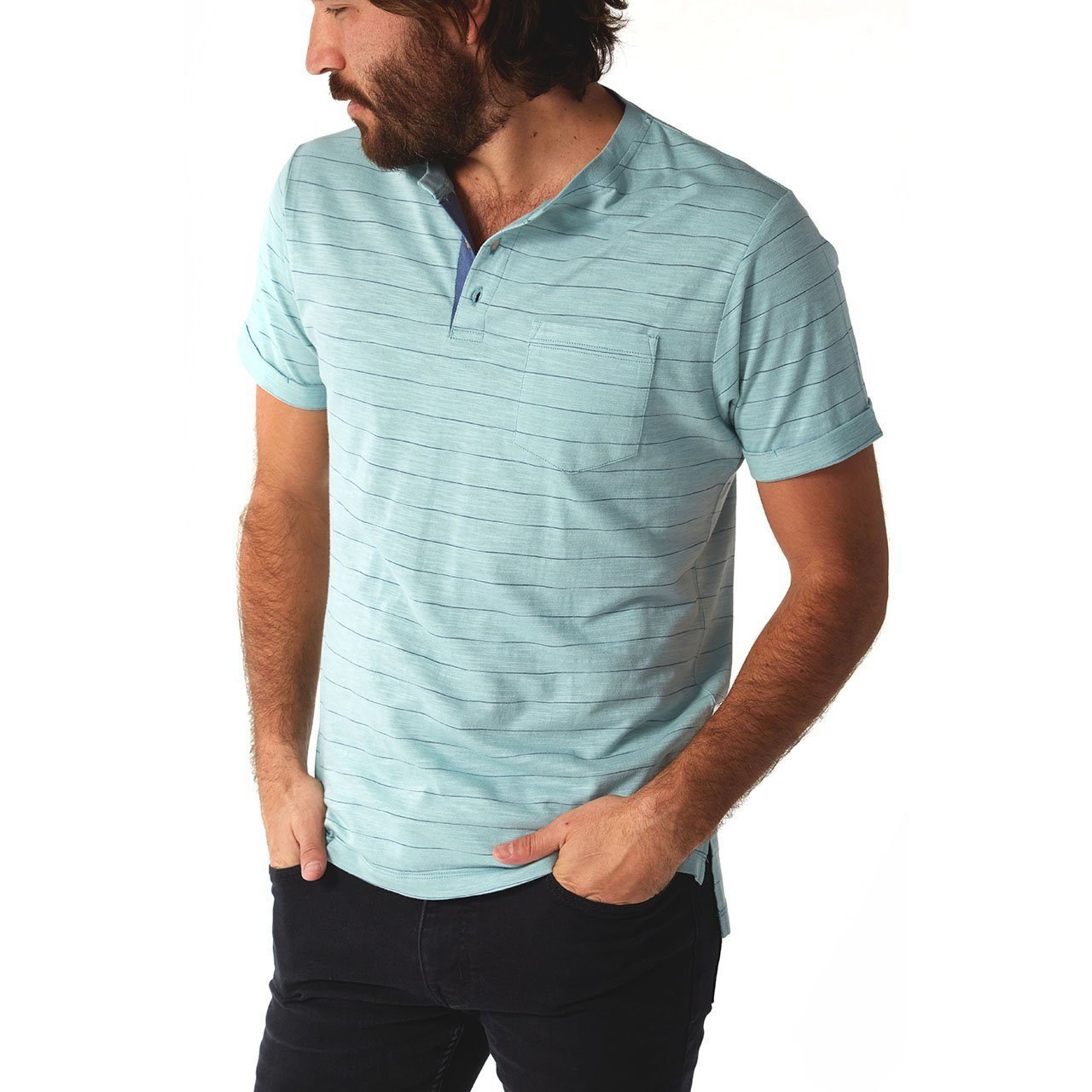 PX Clothing Men's Wade Turquoise Pinstripe Short Sleeve Henley Shirt - Men - Apparel - Shirts - Henley - Benn~Burry